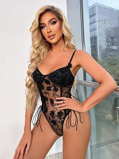 Sexy Flower Kadın Çiçek Desenli Transparan Bodysuit