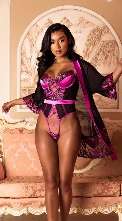 Fantezi Jartiyerli Mor Body Sabahlık Takım