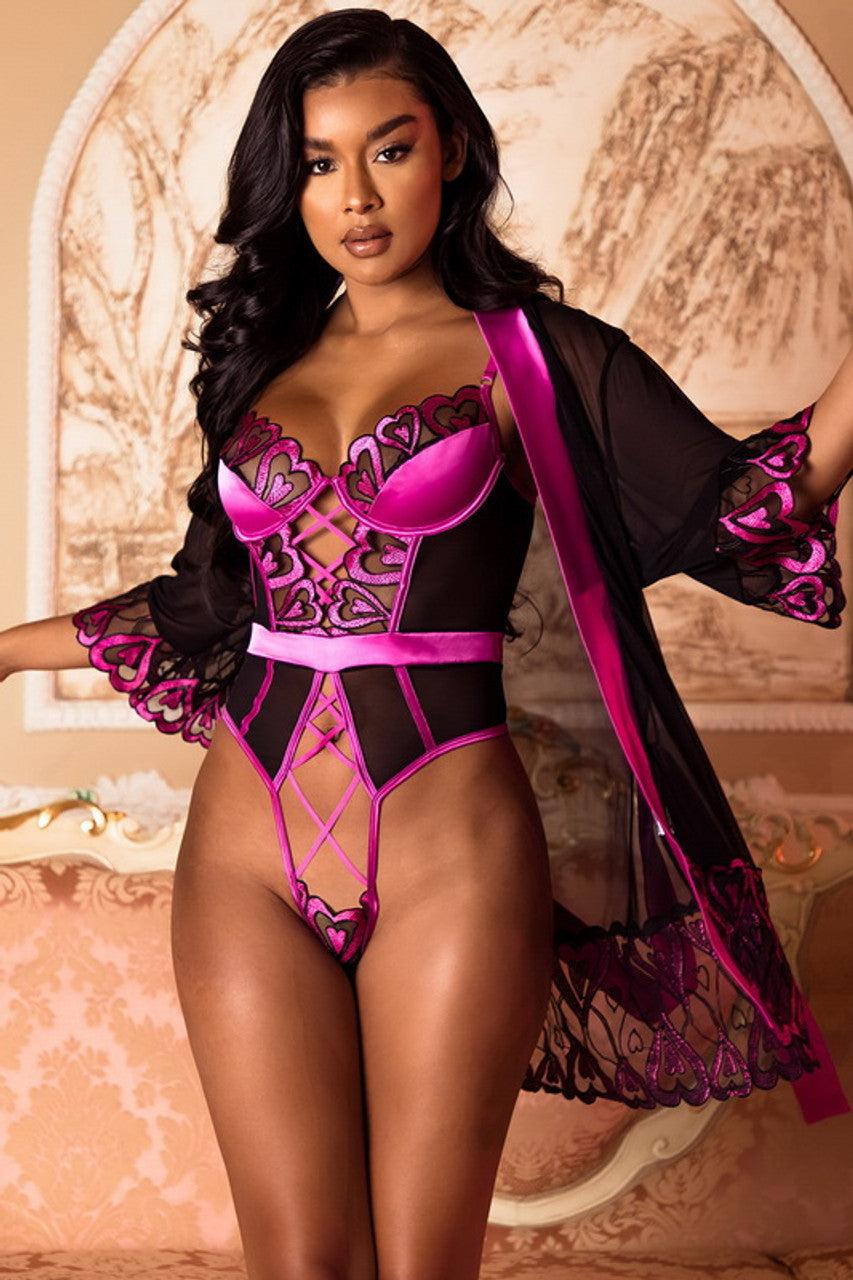 Fantezi Jartiyerli Mor Body Sabahlık Takım