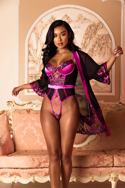 Fantezi Jartiyerli Mor Body Sabahlık Takım