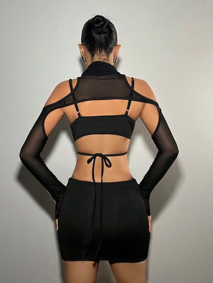 Siyah Tasarım Halka Detaylı Bel Dekolteli Transparan Mini Gecelik