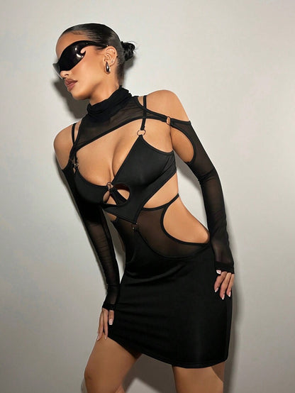 Siyah Tasarım Halka Detaylı Bel Dekolteli Transparan Mini Gecelik