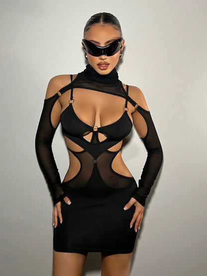 Siyah Tasarım Halka Detaylı Bel Dekolteli Transparan Mini Gecelik